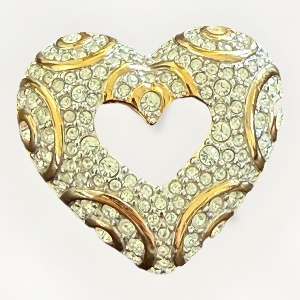 Signed Swarovski Rhinestone Heart Brooch 1” Gold Toned Pin - Vintage Y2K